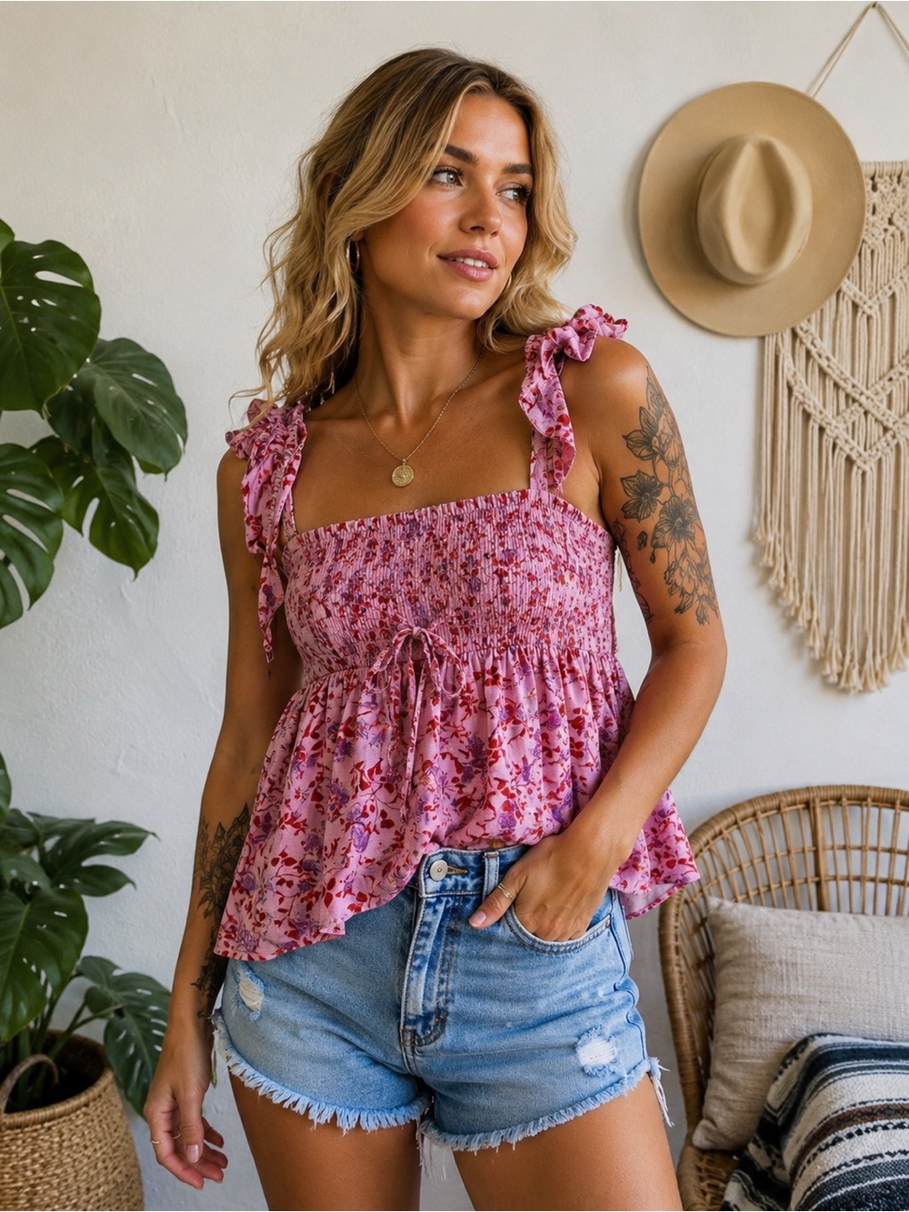 Urban Outfitters Pink Floral Smocked Babydoll Tank Top Cottagecore Boho M